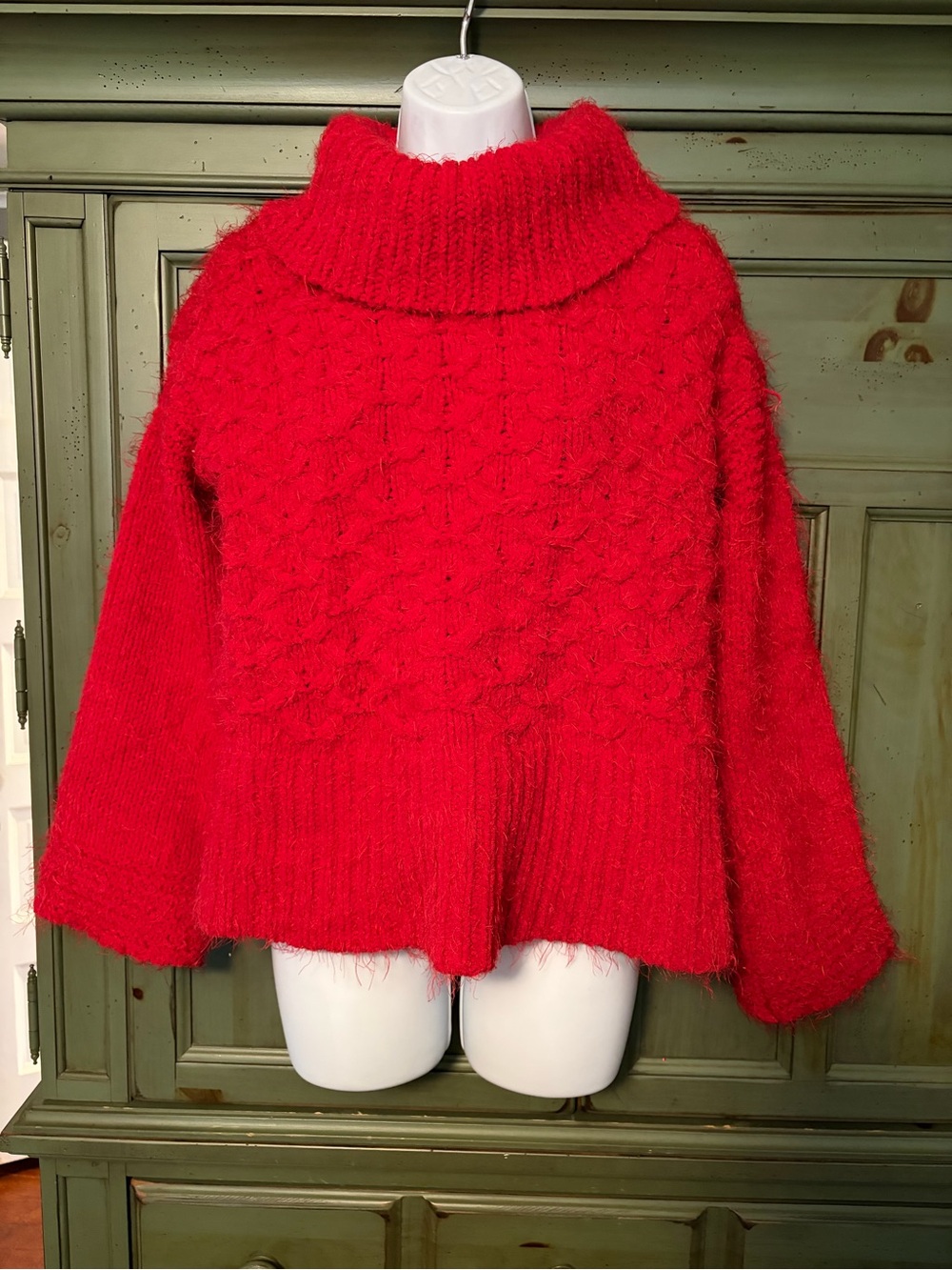 Anthropologie Bright Red Chunky Cowl Neck Sweater